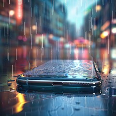 Transparent smartphone screen with rain animation showing shopping offers and discounts, blending modern ecommerce design with weather effects for engaging user experience. AI generated illustration.