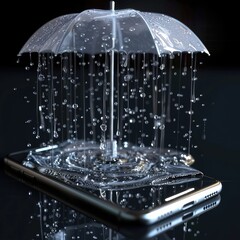 Transparent smartphone screen with rain animation showing shopping offers and discounts, blending modern ecommerce design with weather effects for engaging user experience. AI generated illustration.