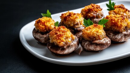 Fototapeta premium Savory stuffed mushrooms filled with a cheesy mixture are arranged on a white plate. The crispy topping adds texture, making them an ideal appetizer for gatherings or parties