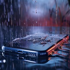 Transparent smartphone screen with rain animation showing shopping offers and discounts, blending modern ecommerce design with weather effects for engaging user experience. AI generated illustration.