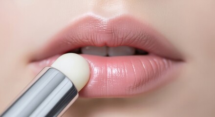 Woman applying hygienic lip balm for moisturizing. Macro shot of a lip care routine. Closeup of a beauty treatment for soft, healthy, and plump lips