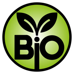Bio vector logo with leaf, organic vector logo with bio text, circle with bio logo and leaves, simple green bio button.