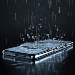 Transparent smartphone screen with rain animation showing shopping offers and discounts, blending modern ecommerce design with weather effects for engaging user experience. AI generated illustration.