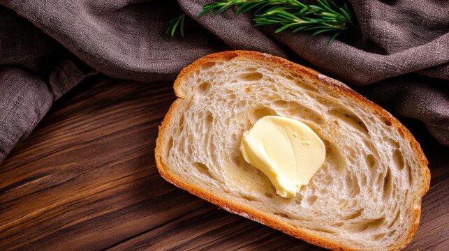 A slice of freshly baked bread sits on a rustic wooden table, topped with a generous pat of creamy butter. Fresh rosemary adds a touch of greenery, enhancing the inviting presentation - Powered by Adobe