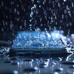 Transparent smartphone screen with rain animation showing shopping offers and discounts, blending modern ecommerce design with weather effects for engaging user experience. AI generated illustration.