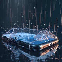 Transparent smartphone screen with rain animation showing shopping offers and discounts, blending modern ecommerce design with weather effects for engaging user experience. AI generated illustration.