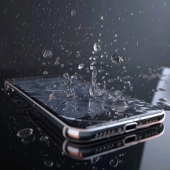 Transparent smartphone screen with rain animation showing shopping offers and discounts, blending modern ecommerce design with weather effects for engaging user experience. AI generated illustration.