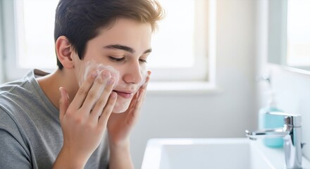 Teenage boy washing his face with cleanser in the bathroom. Daily morning skincare routine for teen skin. Hygiene and self care concept for young men