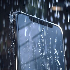 Transparent smartphone screen with rain animation showing shopping offers and discounts, blending modern ecommerce design with weather effects for engaging user experience. AI generated illustration.