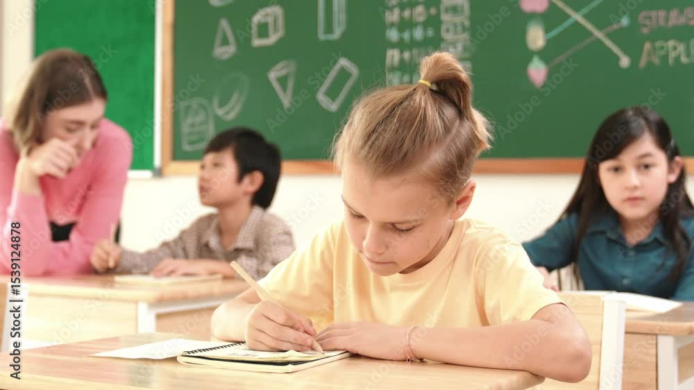 Aufkleber caucasian smart child smiling at camera while doing classwork at classroom while happy multicultural