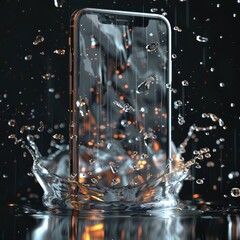 Transparent smartphone screen with rain animation showing shopping offers and discounts, blending modern ecommerce design with weather effects for engaging user experience. AI generated illustration.
