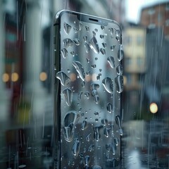 Transparent smartphone screen with rain animation showing shopping offers and discounts, blending modern ecommerce design with weather effects for engaging user experience. AI generated illustration.
