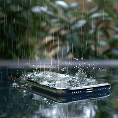 Transparent smartphone screen with rain animation showing shopping offers and discounts, blending modern ecommerce design with weather effects for engaging user experience. AI generated illustration.