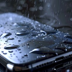 Transparent smartphone screen with rain animation showing shopping offers and discounts, blending modern ecommerce design with weather effects for engaging user experience. AI generated illustration.