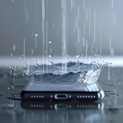 Transparent smartphone screen with rain animation showing shopping offers and discounts, blending modern ecommerce design with weather effects for engaging user experience. AI generated illustration.