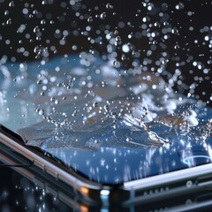 Transparent smartphone screen with rain animation showing shopping offers and discounts, blending modern ecommerce design with weather effects for engaging user experience. AI generated illustration.