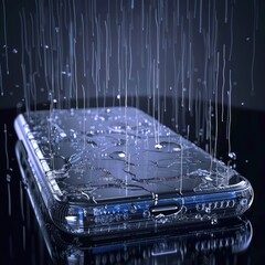 Transparent smartphone screen with rain animation showing shopping offers and discounts, blending modern ecommerce design with weather effects for engaging user experience. AI generated illustration.