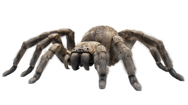 A hairy wolf spider arachnid on a white background with big legs for those with arachnophobia