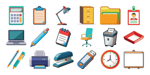 Collection of colorful office supplies icons isolated on white background