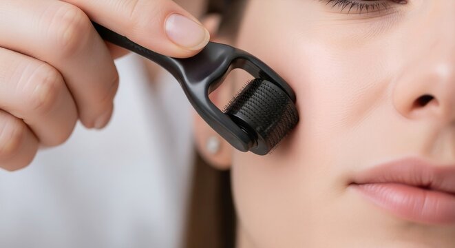 Cosmetologist using a black derma roller on a woman's face. Mesotherapy and microneedling procedure in a beauty salon. anti aging treatment for collagen stimulation
