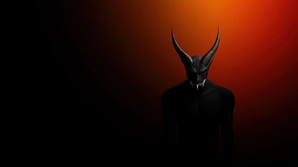 A dark, humanoid figure with prominent horns and sharp teeth stands in front of a glowing orange gradient, creating an ominous presence. The setting evokes curiosity and tension