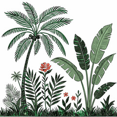 Tropical vintage botanical palm trees, banana tree, green plants floral seamless border white background. vector	
