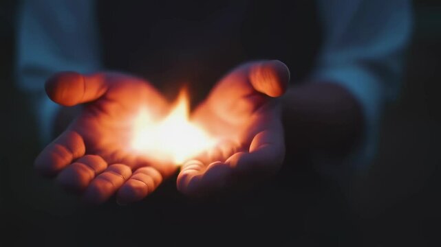 Glowing hands: enchanting firelight embrace in nighttime sequence