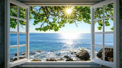 Scenic view of a seaside landscape through an open window.