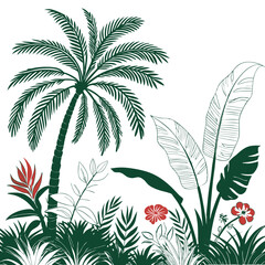 Tropical vintage botanical palm trees, banana tree, green plants floral seamless border white background. vector	