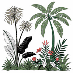 Tropical vintage botanical palm trees, banana tree, green plants floral seamless border white background. vector	
