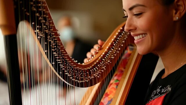 Smiling harpist in motion: closeup of joyful musician playing harp