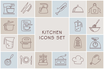 Vector set of kitchen icons. Flat cooking utensils illustrations collection. Great for illustrations, infographics,menu decoration and logos of stores or other businesses.