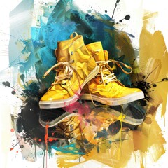 Shoes and raincoat on sale with dynamic splash effects, lifestyle art capturing monsoon fashion and vibrant discounts. AI generated illustration.