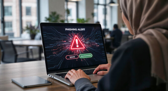 Over the shoulder view of business woman deciding how deal with phishing alert displayed on laptop screen, with buttons to ignore or abort the connection in cybersecurity incident in the office