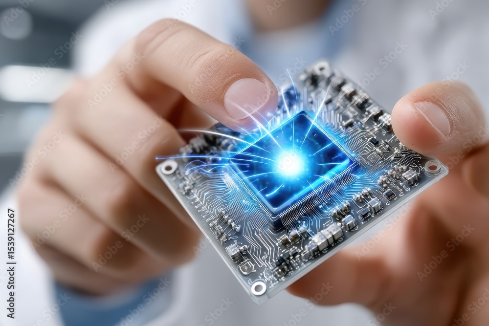 Poster innovative technology in action with a microchip and glowing energy in a lab setting