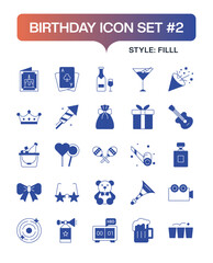 A set of Fill icons for a birthday celebration might include a cake with candles, balloons, a gift box, a party hat, a banner, and a cupcake. These are common symbols associated with birthdays