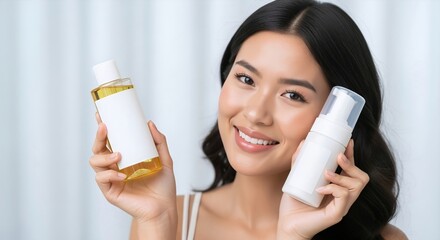 Happy asian woman showing cosmetic products for a daily skincare routine. Smiling girl holding cleanser and toner bottles. Beauty advertising on a light background