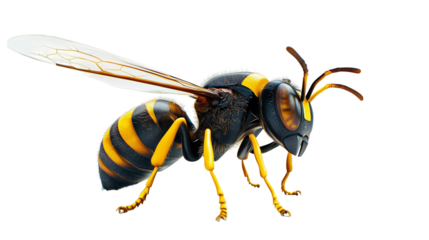 Yellow and black striped bumblebee with outstretched wings, isolated on a clean white background