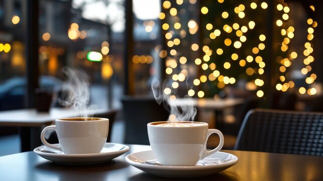 Two steaming cups of coffee rest on a table, surrounded by soft lighting and decorative bokeh. The inviting cafe atmosphere creates a perfect evening retreat