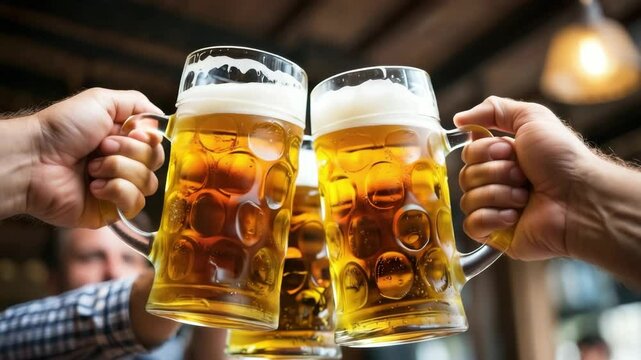 Group of people clinking beer steins with foam during International Beer Day celebration in pub
