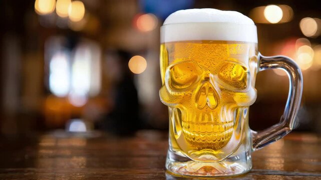 Skull-shaped beer mug with foam on bar counter during International Beer Day celebration in pub