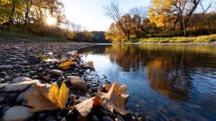 Colorful autumn leaves rest on the riverbank as the sun sets, casting a golden glow on the calm water. The trees are vibrant with fall colors, creating a peaceful atmosphere