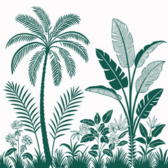 Tropical vintage botanical palm trees, banana tree, green plants floral seamless border white background. vector	