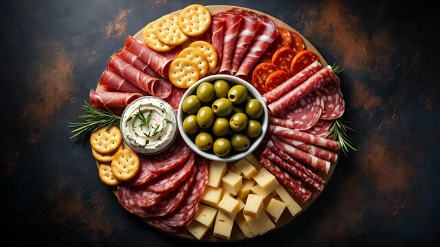 Charcuterie board with assorted cured meats, cheese cubes, olives, crackers, and dip on rustic dark background, appetizer platter