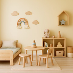 Cozy Minimalist Kids’ Playroom with Wooden Furniture, Neutral Decor, Rainbow Wall Art, and Soft Plush Toys