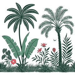 Tropical vintage botanical palm trees, banana tree, green plants floral seamless border white background. vector	