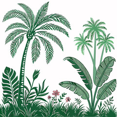 Tropical vintage botanical palm trees, banana tree, green plants floral seamless border white background. vector	