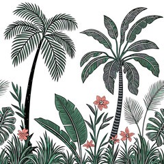 Tropical vintage botanical palm trees, banana tree, green plants floral seamless border white background. vector	