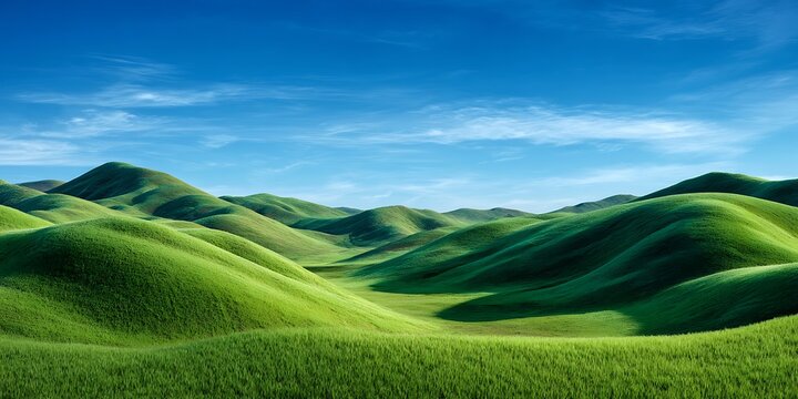 A scenic view of rolling green hills under a bright blue sky with scattered white clouds above them all