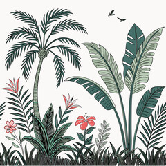Tropical vintage botanical palm trees, banana tree, green plants floral seamless border white background. vector	